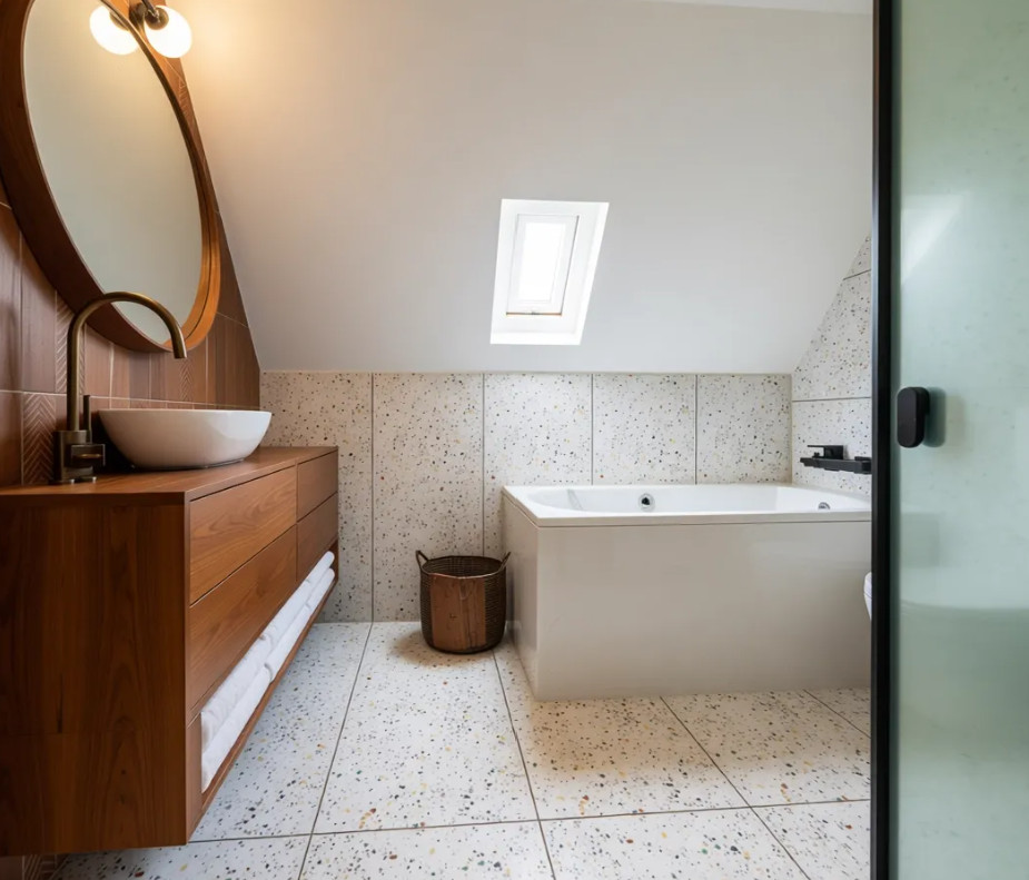 Tetőtéri fürdőszoba terrazzo burkolattal, dió mosdópulttal és kerek tükörrel